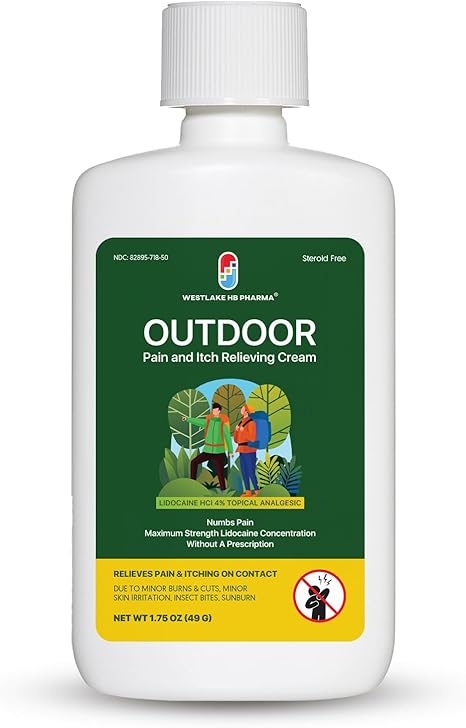 Westlake HB Pharma Outdoor Pain & Itch Relief Cream, Lidocaine 4%, 1 Bottle, Maximum Strength, First Aid for Cuts, Burns, Bug Bites, Sunburn